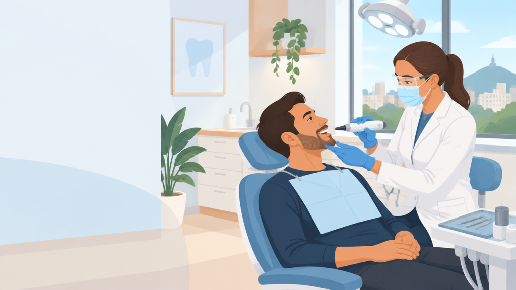 Dentista avalia paciente com dispositivo de laser odontológico em consultório