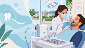 Dentista avaliando um paciente em consultório, com equipamento odontológico genérico para aplicação local de ozônio