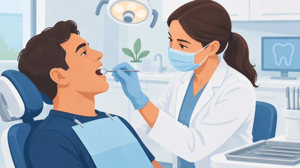 Dentista examina cuidadosamente a boca de uma paciente durante avaliação de saúde bucal