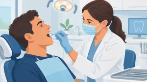 Dentista examina cuidadosamente a boca de uma paciente durante avaliação de saúde bucal