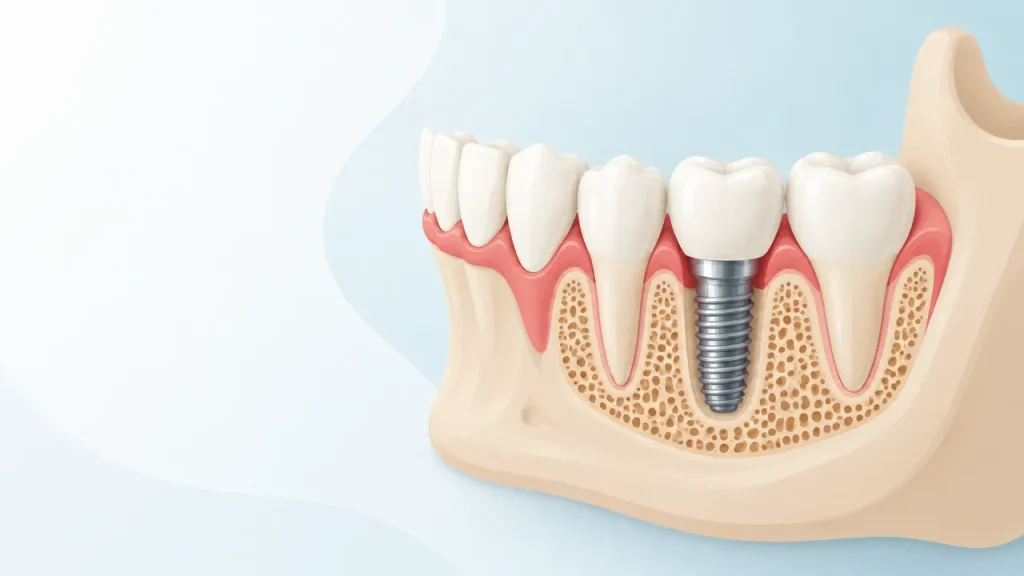 Ilustração em corte de um implante dentário integrado ao osso e sustentando uma coroa